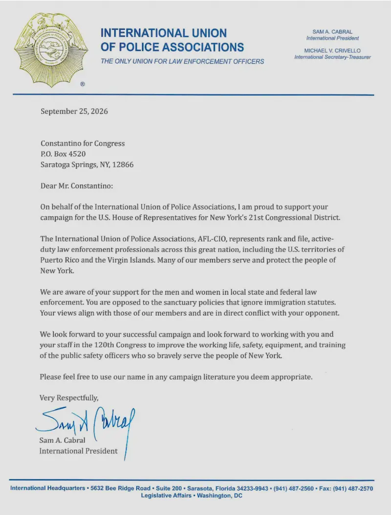 International Union of Police Associations endorses Anthony Constantino for Congress